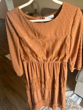 Polagram Rust Orange Textured Embroidered Midi Dress